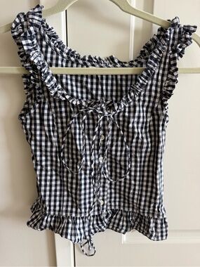 Sandy Liang Black and White Gingham Ruffle Tie-Front Camisole